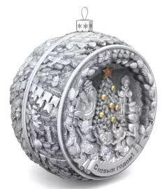 Set of 3 silver Christmas balls "Bells, Happy childhood and Bullfinches"